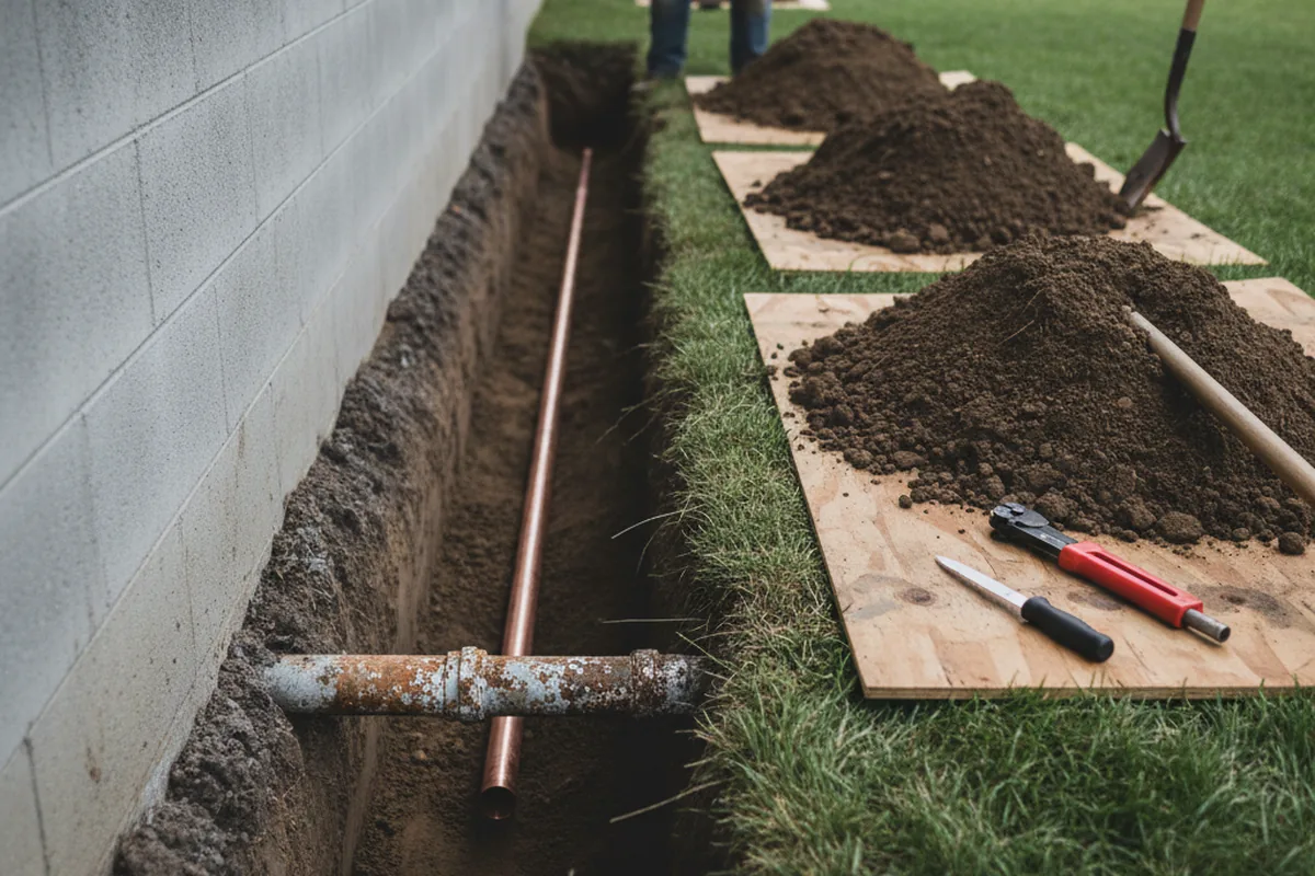 Excavated water line trench during Sewer Line Repair in Saluda